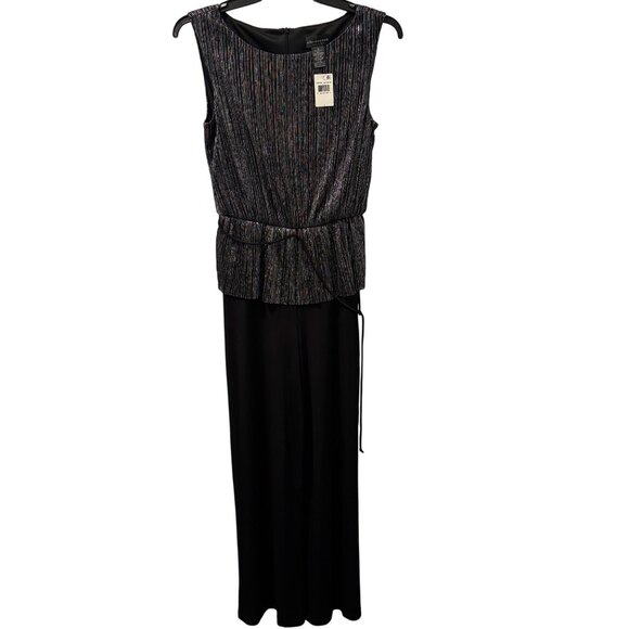 Connected Apparel Metallic Striped Jumpsuit Sz 8 Peplum Waist Black Silver Forma - Picture 1 of 12